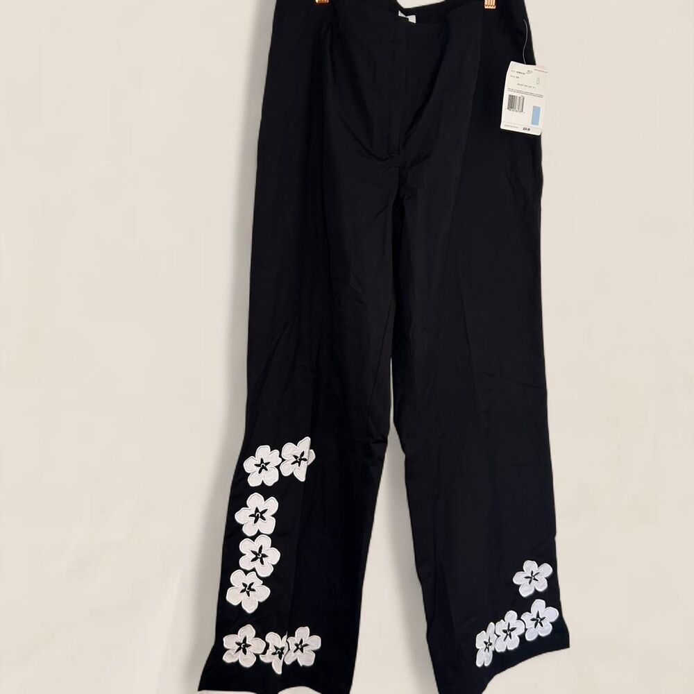 Cotton black white floral capri ankle relaxed resort pants | size 8 - Picture 3 of 7